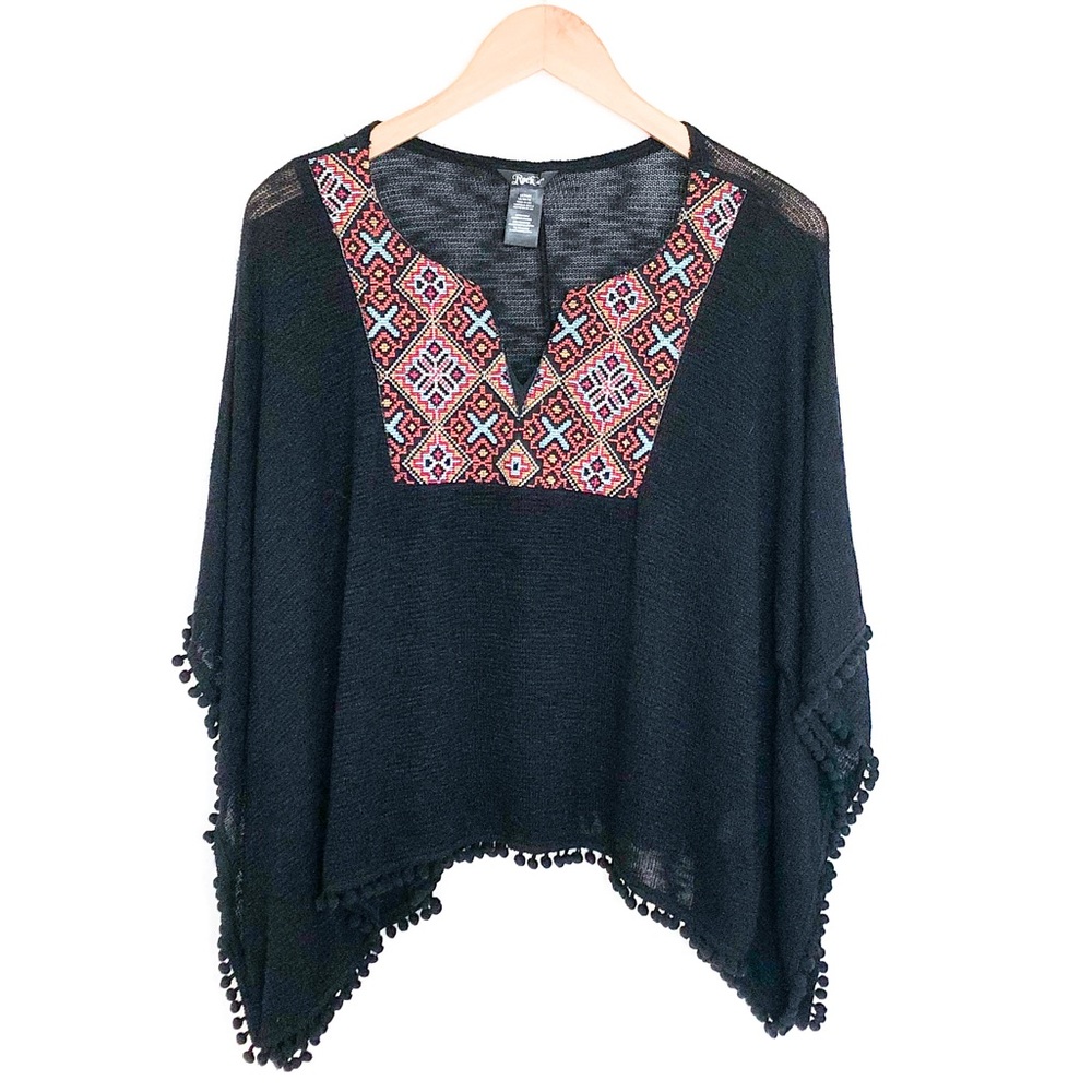 Western Style Black Poncho with Embroidery Stitched Front & Pom Trim